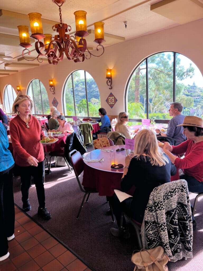Garden Club member enjoying lunch at the retreat with a view of the ocean